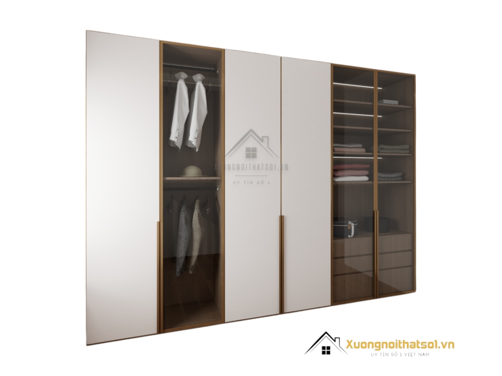 Tủ quần áo 6 cánh kính hiện đại, kích thước 2m4 x 2m4, thiết kế sang trọng phù hợp mọi không gian.
