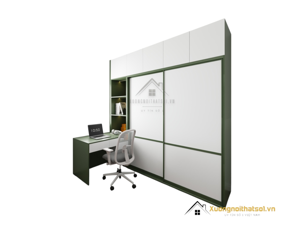 Tủ quần áo 2 cánh lùa kèm bàn làm việc màu gỗ 216ZN hiện đại, tiết kiệm không gian