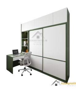 Tủ quần áo 2 cánh lùa kèm bàn làm việc màu gỗ 216ZN hiện đại, tiết kiệm không gian