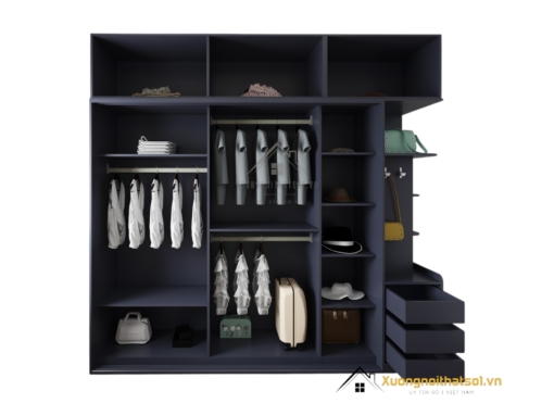 Tủ quần áo 3 buồng cánh lùa An Cường màu xanh ghi hiện đại, tiện lợi, tiết kiệm không gian