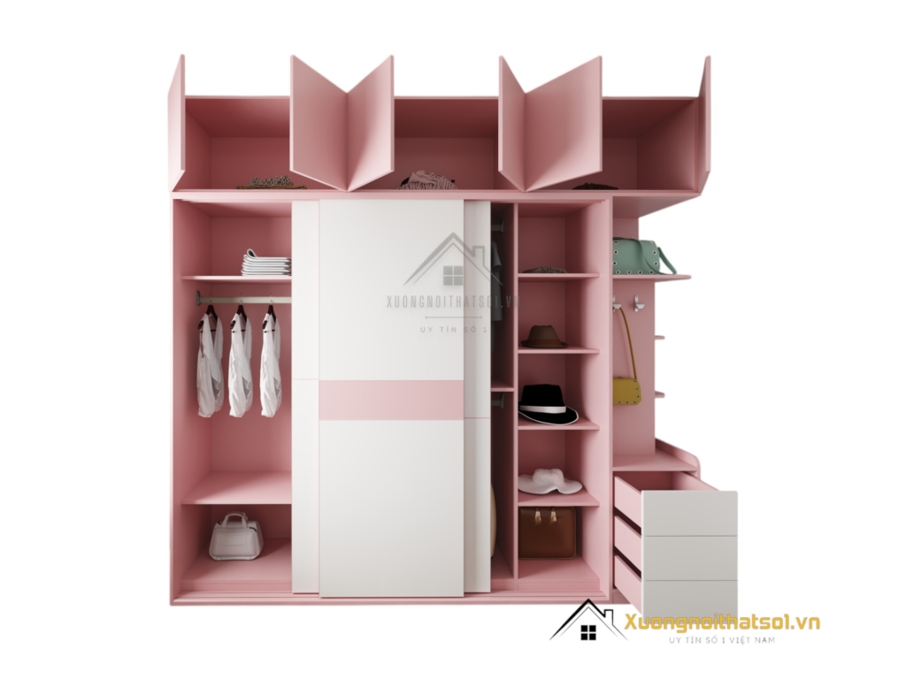 Tủ quần áo 3 cánh lùa An Cường màu hồng hiện đại, tiết kiệm diện tích, phù hợp phòng ngủ nhỏ