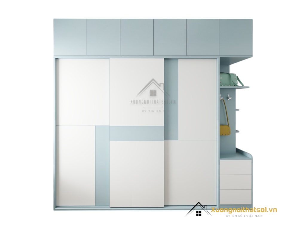 Tủ quần áo 3 cánh lùa gỗ An Cường màu xanh dương hiện đại, thiết kế tiện dụng cho phòng ngủ
