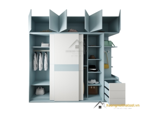 Tủ quần áo 3 cánh lùa gỗ An Cường màu xanh dương hiện đại, thiết kế tiết kiệm không gian, phù hợp phòng ngủ nhỏ.