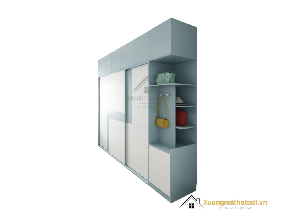 Tủ quần áo 3 cánh lùa gỗ An Cường màu xanh dương hiện đại, thiết kế tiện nghi phù hợp phòng ngủ nhỏ
