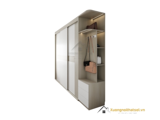 Tủ quần áo 3 cánh lùa kết hợp trang trí màu sắc hiện đại, tiện lợi.