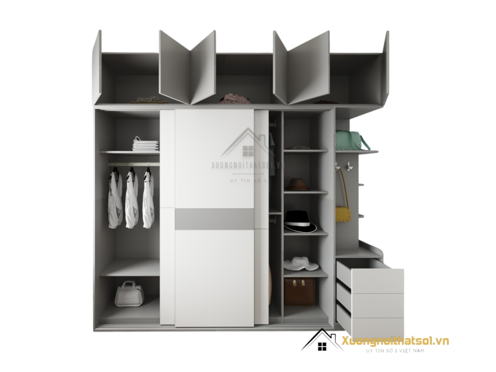 Tủ quần áo 3 cánh lùa An Cường màu ghi kết hợp cánh trắng hiện đại sang trọng
