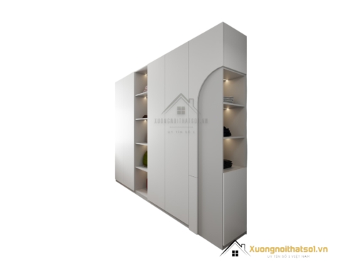 Tủ quần áo cửa mở gỗ công nghiệp màu ghi nhạt hiện đại, thiết kế tiện nghi cho không gian sống.