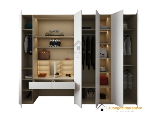 Tủ quần áo kết hợp bàn phấn màu trắng hiện đại, thiết kế thông minh giúp tiết kiệm không gian.
