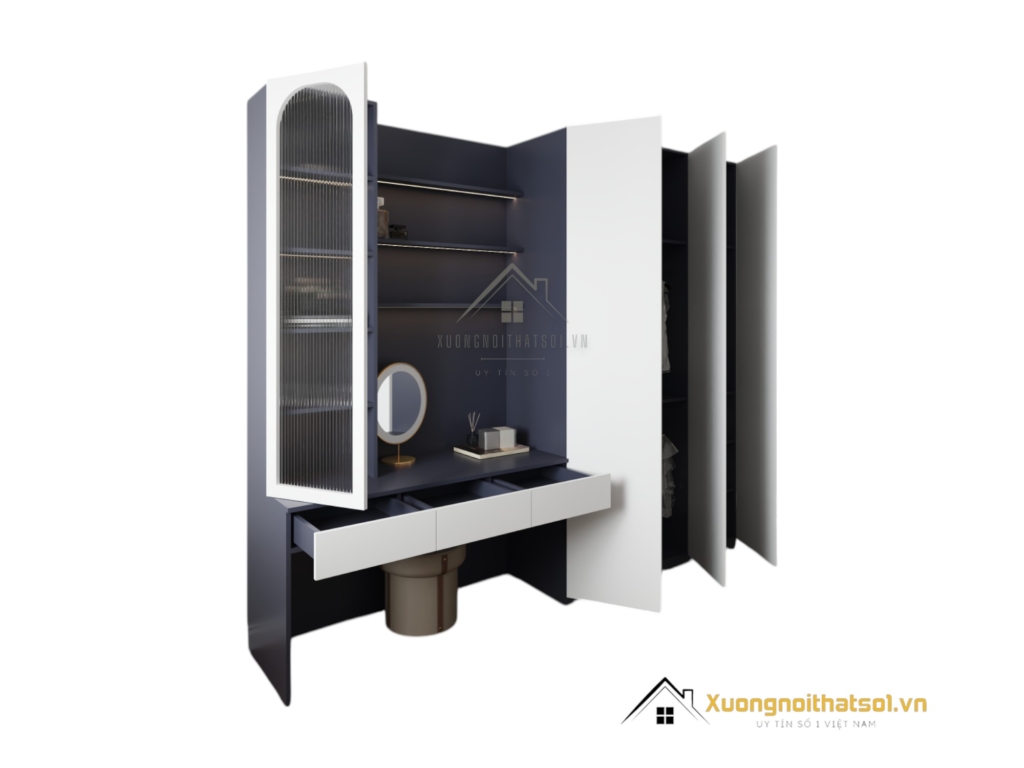 Tủ quần áo 3 buồng kết hợp bàn trang điểm màu trắng hiện đại, thiết kế thông minh tiện lợi cho phòng ngủ