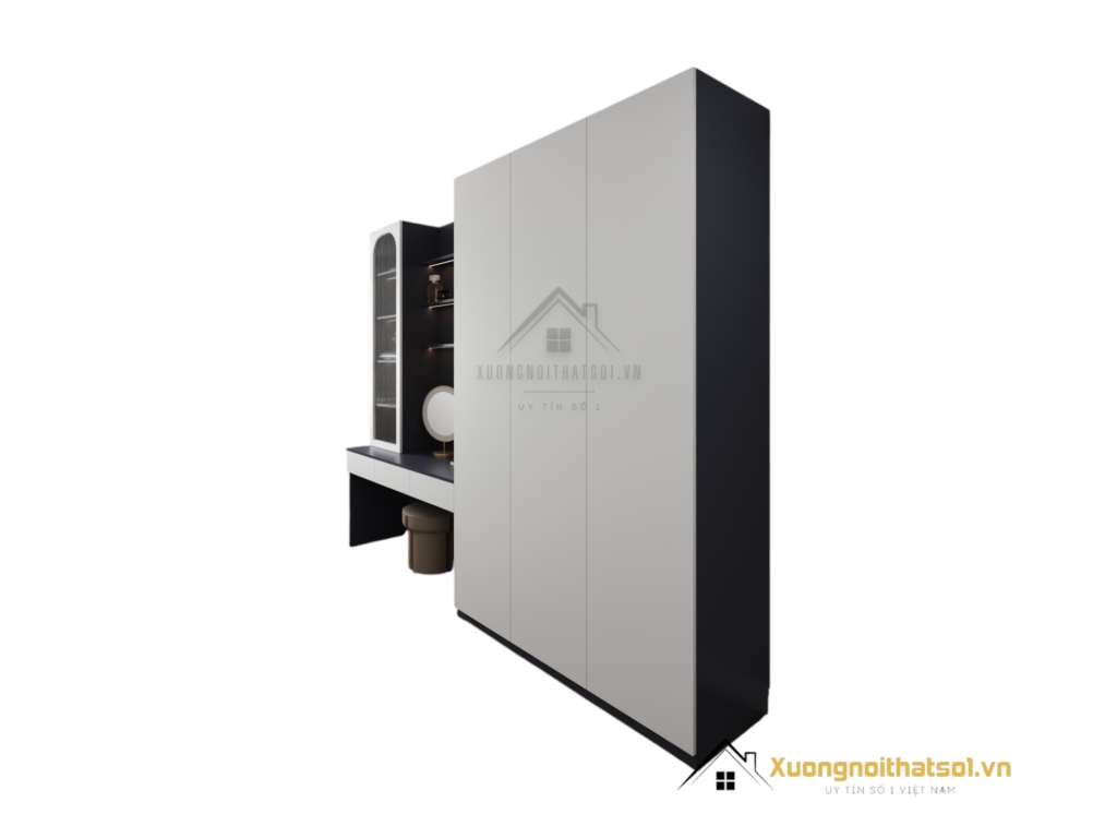 Tủ quần áo 3 buồng kết hợp bàn trang điểm màu trắng hiện đại, tiện lợi cho phòng ngủ nhỏ gọn.