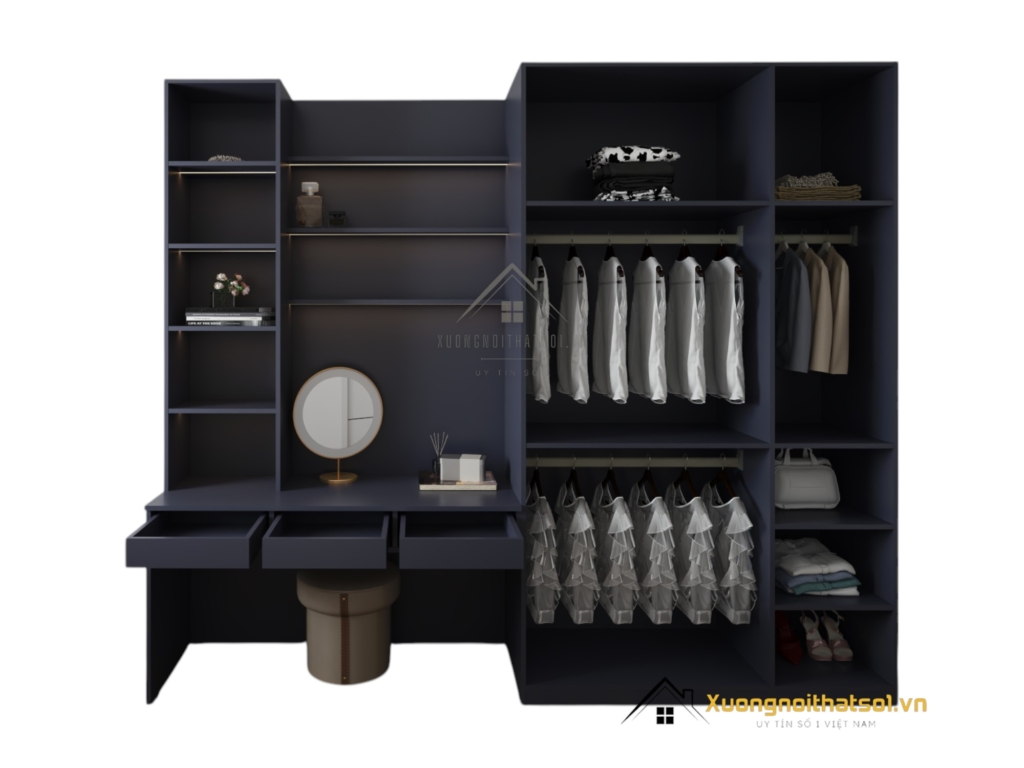 Tủ quần áo 3 buồng kết hợp bàn trang điểm màu gỗ sang trọng, thiết kế thông minh tiện lợi cho không gian phòng ngủ hiện đại.