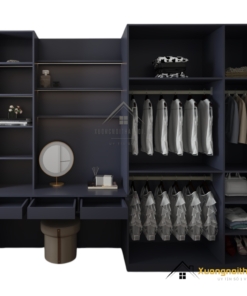 Tủ quần áo 3 buồng kết hợp bàn trang điểm màu gỗ sang trọng, thiết kế thông minh tiện lợi cho không gian phòng ngủ hiện đại.