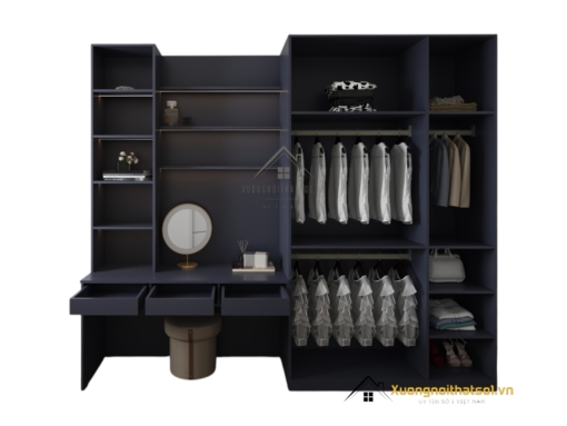 Tủ quần áo 3 buồng kết hợp bàn trang điểm màu gỗ sang trọng, thiết kế thông minh tiện lợi cho không gian phòng ngủ hiện đại.
