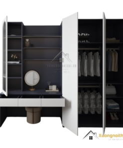 Tủ quần áo 3 buồng kết hợp bàn trang điểm màu gỗ sang trọng, thiết kế đa năng tiện lợi cho phòng ngủ hiện đại