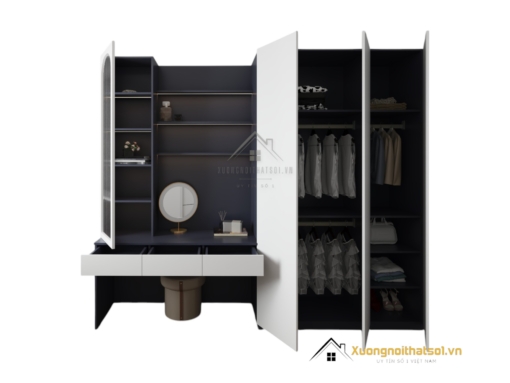 Tủ quần áo 3 buồng kết hợp bàn trang điểm màu gỗ sang trọng, thiết kế đa năng tiện lợi cho phòng ngủ hiện đại