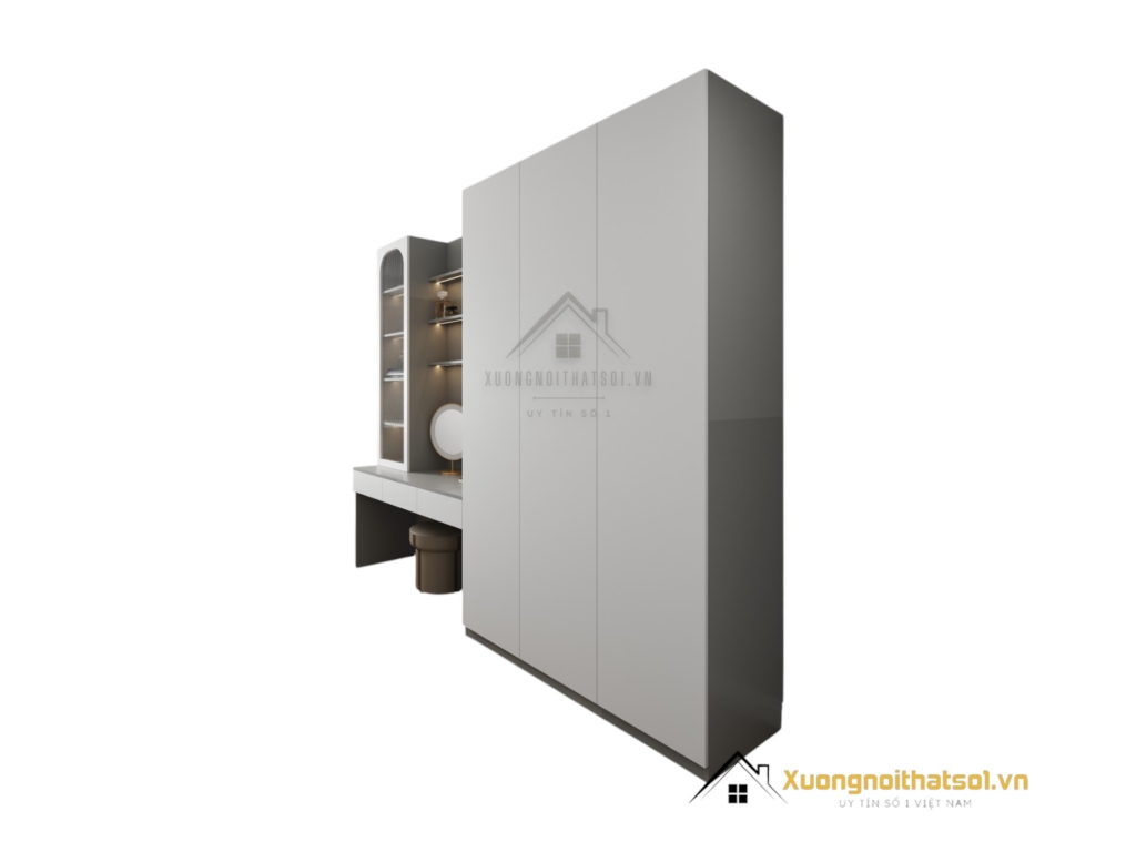 Tủ quần áo 3 cánh cửa mở kết hợp bàn trang điểm màu gỗ sáng hiện đại, thiết kế tiện lợi cho phòng ngủ nhỏ gọn