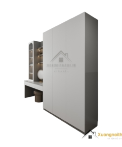 Tủ quần áo 3 cánh cửa mở kết hợp bàn trang điểm màu gỗ sáng hiện đại, thiết kế tiện lợi cho phòng ngủ nhỏ gọn