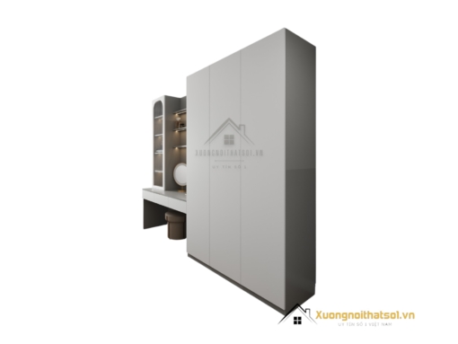 Tủ quần áo 3 cánh cửa mở kết hợp bàn trang điểm màu gỗ sáng hiện đại, thiết kế tiện lợi cho phòng ngủ nhỏ gọn