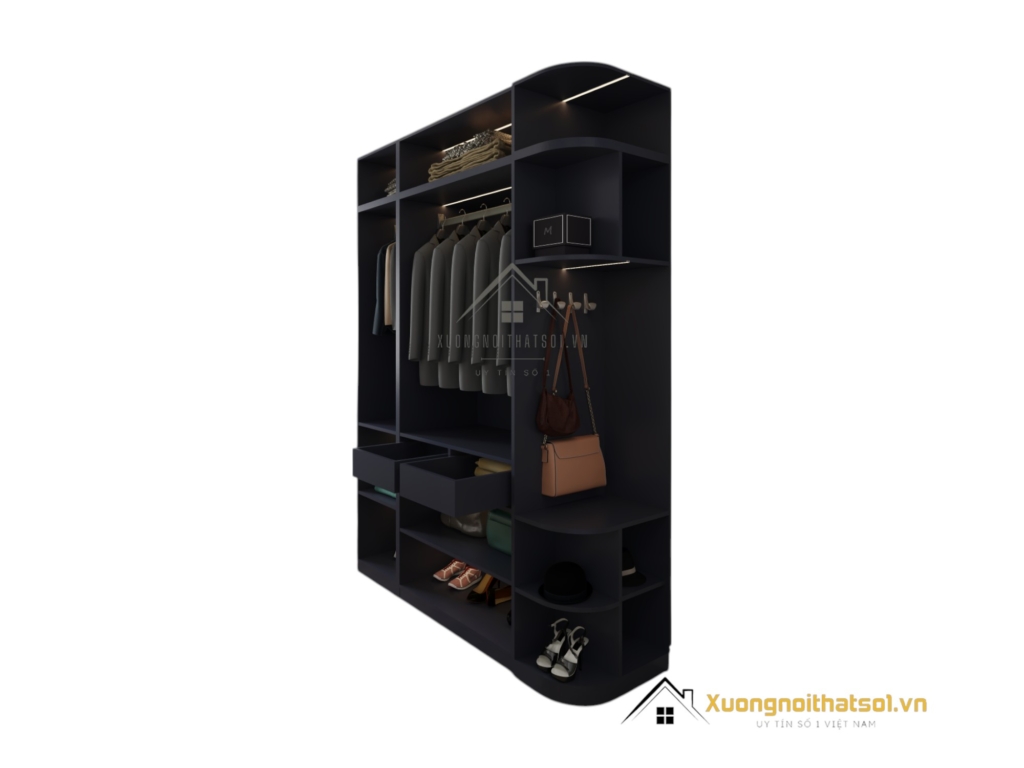 Tủ quần áo 3 cánh mở bo cong góc hiện đại màu gỗ sang trọng, thiết kế tiện lợi và tiết kiệm không gian cho phòng ngủ.