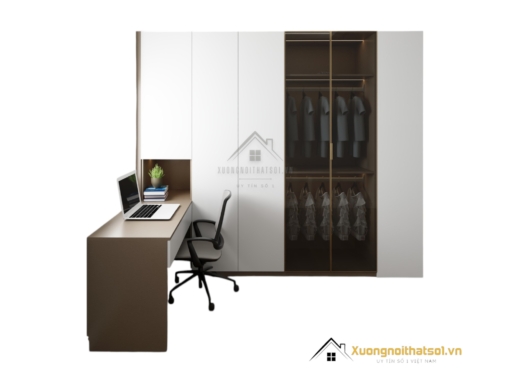 Tủ quần áo 4 buồng cánh mở gỗ màu 217LU kết hợp bàn làm việc tiện lợi, hiện đại.