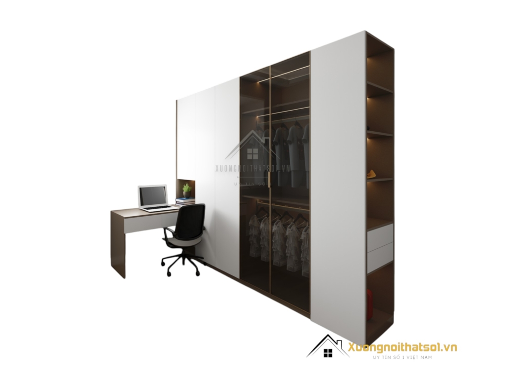 Tủ quần áo 4 buồng cánh mở kết hợp bàn làm việc màu gỗ 217LU hiện đại, tiện nghi.