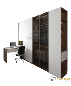 Tủ quần áo 4 buồng cánh mở kết hợp bàn làm việc màu gỗ 217LU hiện đại, tiện nghi.