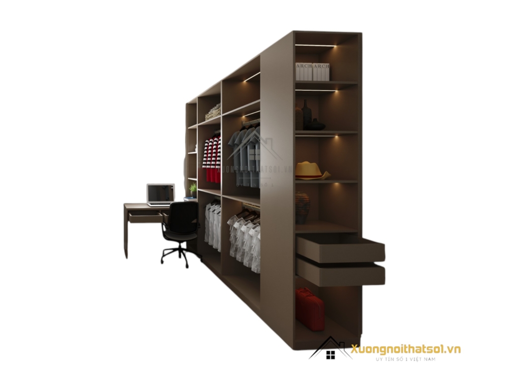 Tủ quần áo 4 buồng cánh mở gỗ màu 217LU kết hợp bàn làm việc tiện lợi hiện đại