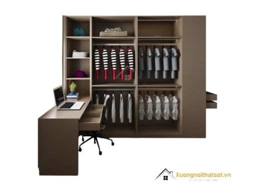 Tủ quần áo 4 buồng cánh mở gỗ màu 217LU kết hợp bàn làm việc, thiết kế tiện nghi và hiện đại.