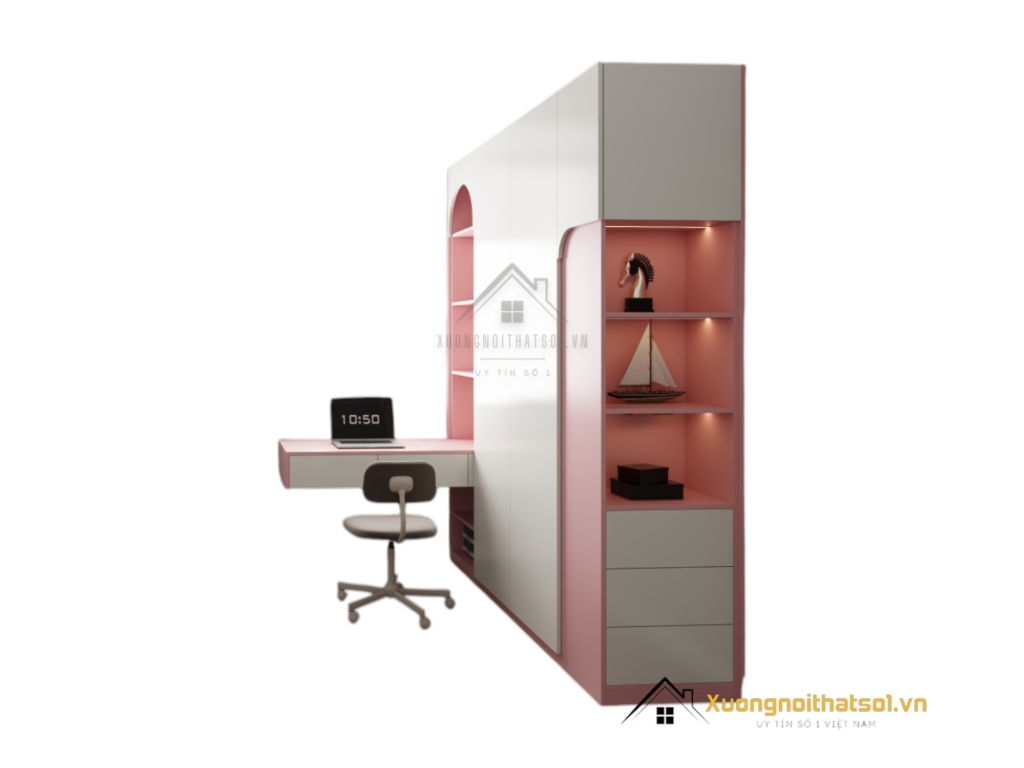 Tủ quần áo 4 buồng cánh mở MDF kết hợp bàn làm việc màu 021T hiện đại và tiện nghi