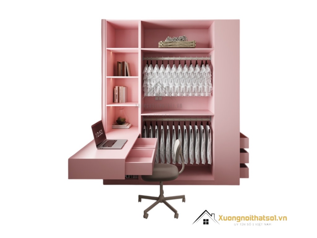 Tủ quần áo 4 buồng cánh mở MDF kết hợp bàn làm việc màu 021T hiện đại và tiện nghi