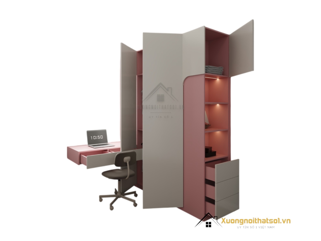 Tủ quần áo 4 buồng cánh mở MDF kết hợp bàn làm việc màu 021T hiện đại, tiện nghi, tối ưu không gian sống.