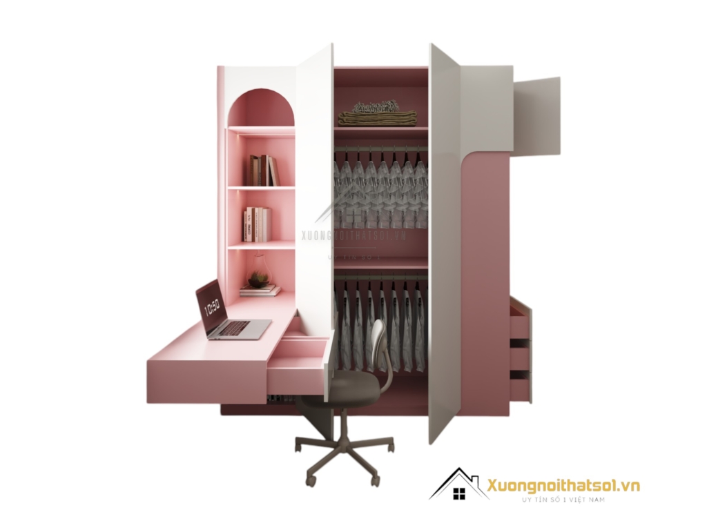 Tủ quần áo 4 buồng cánh mở MDF màu 021T kết hợp bàn làm việc tiện lợi và hiện đại