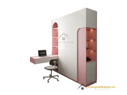 Tủ quần áo 4 buồng cánh mở MDF kết hợp bàn làm việc màu 021T hiện đại và tiện nghi