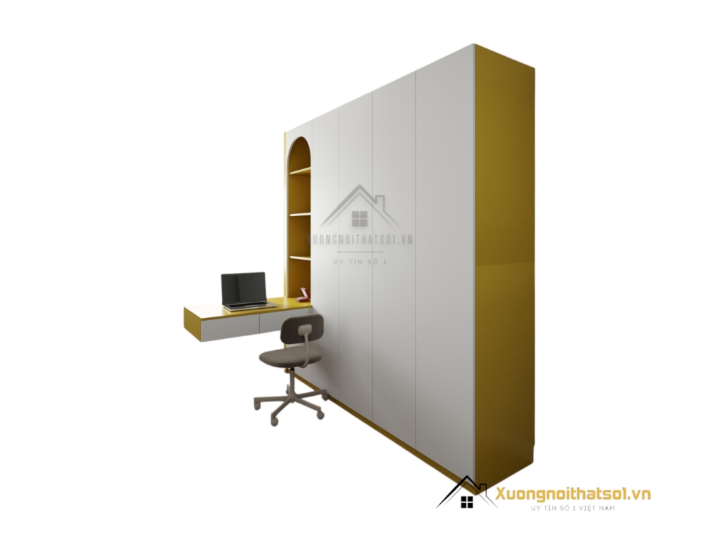 Tủ quần áo 4 cánh mở gỗ kết hợp bàn học màu 030PL thiết kế hiện đại, đa năng, tiết kiệm không gian sống.