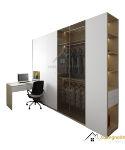 Tủ quần áo 4 cánh mở kết hợp bàn làm việc gỗ, kiểu dáng hiện đại, phù hợp cho không gian sống tại Hà Nội. Chất liệu gỗ cao cấp, thiết kế thông minh, tiết kiệm diện tích và mang lại sự tiện nghi cho phòng ngủ hoặc phòng làm việc.