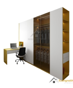 Tủ quần áo 4 cánh mở gỗ kết hợp bàn làm việc màu 030PL hiện đại tiện nghi
