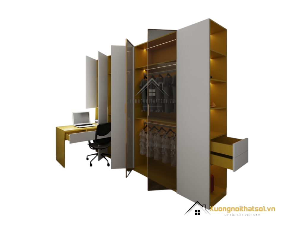 Tủ quần áo 4 cánh mở gỗ kết hợp bàn làm việc màu 030PL