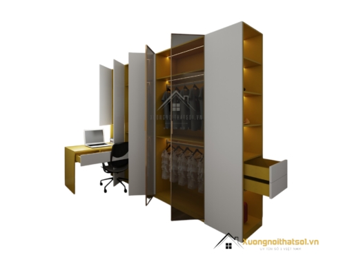 Tủ quần áo 4 cánh mở gỗ kết hợp bàn làm việc màu 030PL