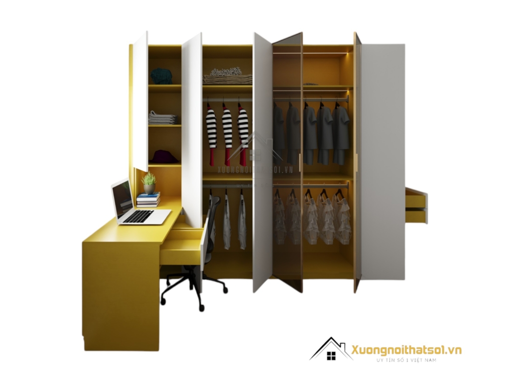 Tủ quần áo 4 cánh mở bằng gỗ kết hợp bàn làm việc, thiết kế màu 030PL hiện đại, tiện dụng cho phòng ngủ.