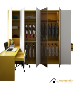 Tủ quần áo 4 cánh mở bằng gỗ kết hợp bàn làm việc, thiết kế màu 030PL hiện đại, tiện dụng cho phòng ngủ.