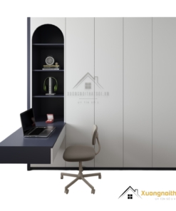 Tủ quần áo 4 cánh mở kết hợp bàn học màu trắng hiện đại, tiện lợi cho không gian phòng ngủ trẻ em.