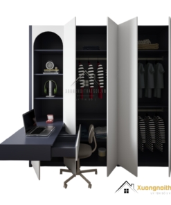 Tủ quần áo 4 cánh mở kết hợp bàn học màu trắng hiện đại, thiết kế thông minh tiết kiệm không gian.