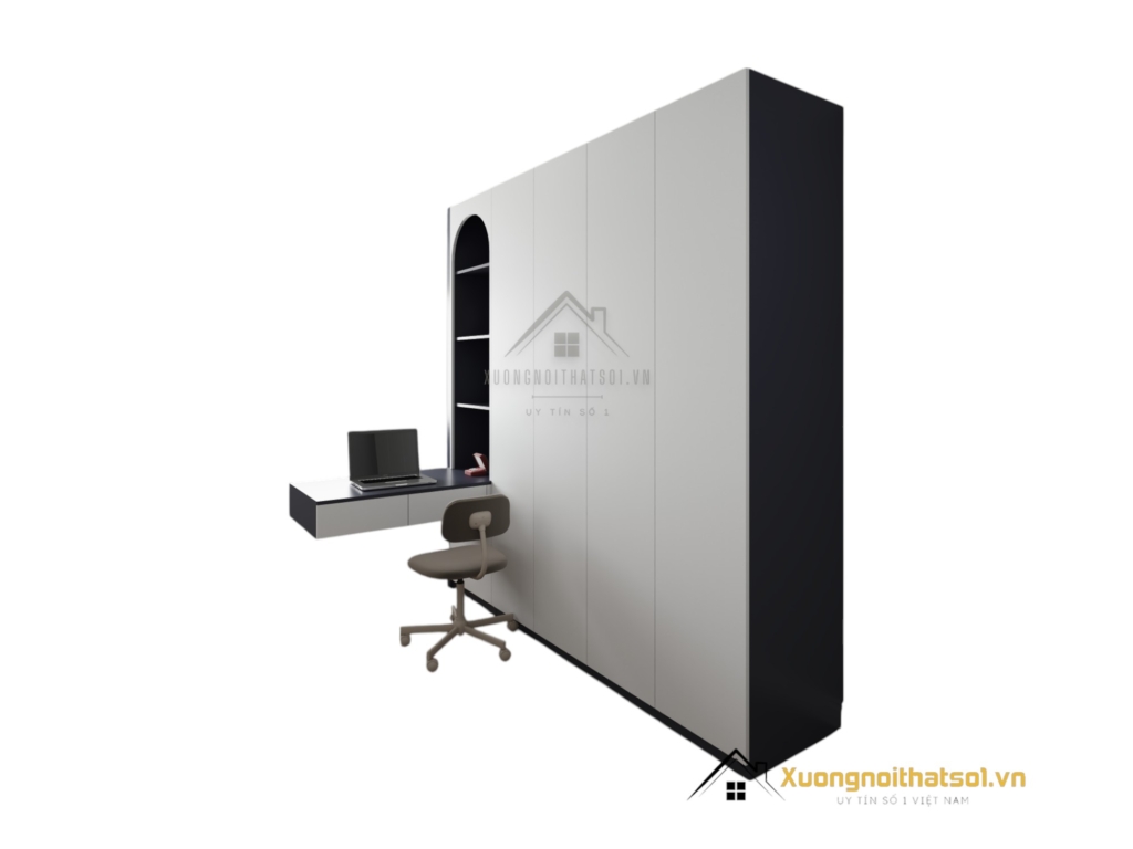 Tủ quần áo 4 cánh mở kết hợp bàn học màu trắng hiện đại, thiết kế thông minh tiết kiệm không gian