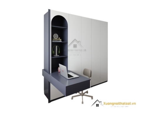 Tủ quần áo 4 cánh mở kết hợp bàn học màu trắng hiện đại, tiện lợi cho phòng ngủ nhỏ gọn