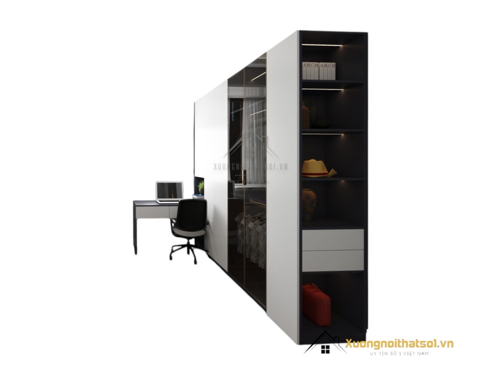Tủ quần áo 4 cánh mở kết hợp bàn làm việc màu 200T hiện đại, tiết kiệm không gian, phù hợp mọi phòng ngủ.
