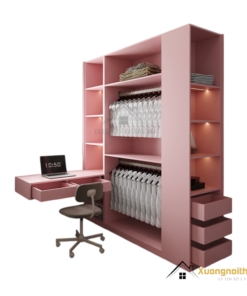 Tủ Quần Áo 4 Cánh Mở MDF kết hợp bàn học màu 021T, thiết kế hiện đại, tiện dụng cho phòng ngủ và học tập