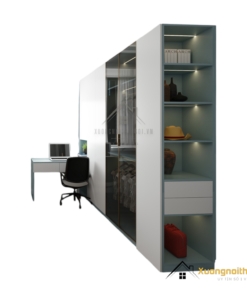 Tủ quần áo 4 cánh màu xanh Thái kết hợp bàn làm việc hiện đại, tiện nghi, thiết kế tinh tế cho không gian sống thêm sang trọng.