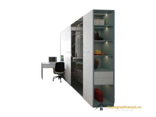 Tủ quần áo 4 cánh màu xanh Thái kết hợp bàn làm việc hiện đại, tiện nghi, thiết kế tinh tế cho không gian sống thêm sang trọng.