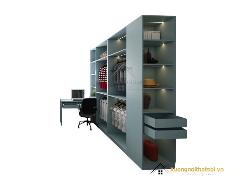 Tủ quần áo 4 cánh mở màu xanh Thái kết hợp bàn làm việc hiện đại mã 212ZN, thiết kế thông minh, tiết kiệm không gian.