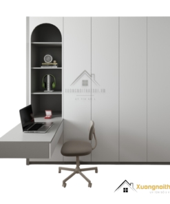 Tủ quần áo 4 cửa màu gỗ sáng kết hợp bàn học thông minh, thiết kế hiện đại, tiết kiệm không gian cho phòng ngủ trẻ em.